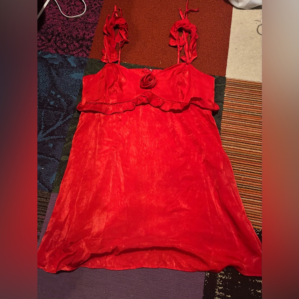 Red Babydoll Dress with Floral Detail
